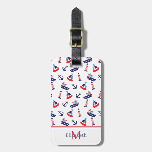 Preppy Nautical Sailboats Monogram ラゲッジタグ (正面縦)