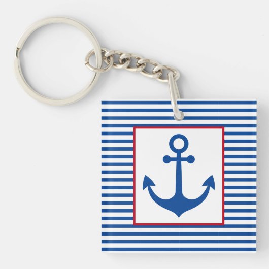Preppy Nautical Stripes and Anchor Personalized キーホルダー (正面)