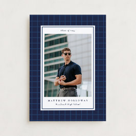 Preppy Navy Grid One Photo Graduation Announcement 招待状