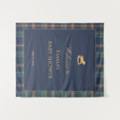 Preppy Navy Plaid Baby Shower with Rocking horse タペストリー (正面(横))