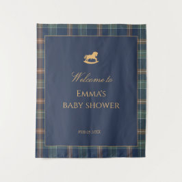 Preppy Navy Plaid Baby Shower with Rocking horse タペストリー