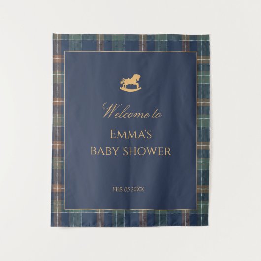 Preppy Navy Plaid Baby Shower with Rocking horse タペストリー (正面)