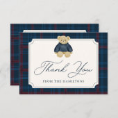Preppy Navy Plaid Teddy Bear Baby Shower サンキューカード (正面/裏面)
