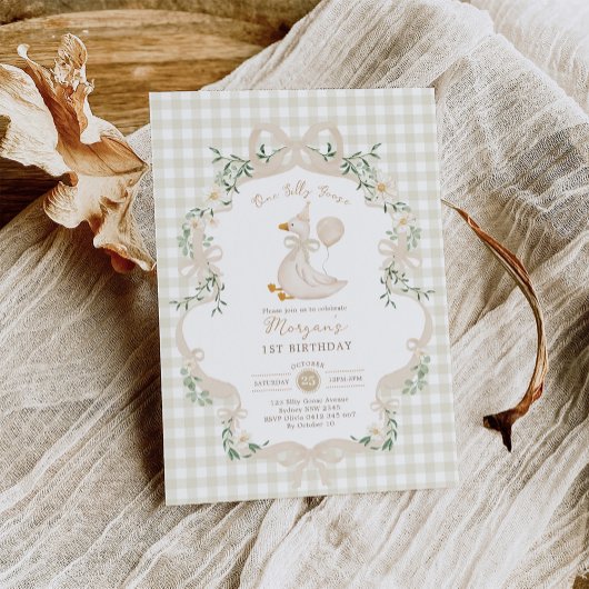 Preppy One Silly Goose Neutral Bow 1st Birthday 招待状