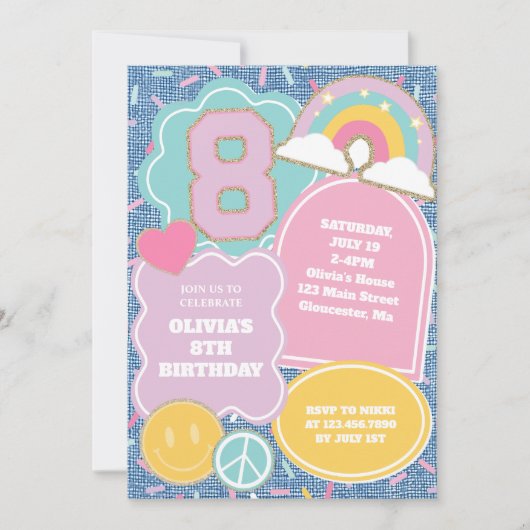 Preppy Patch denim 8th Birthday 招待状 (正面)