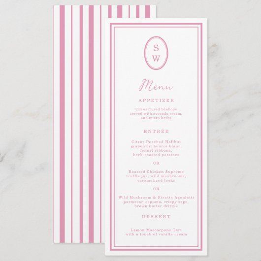 Preppy Peony Pink Chic Monogram Wedding Menu Card 招待状 (正面/裏面)