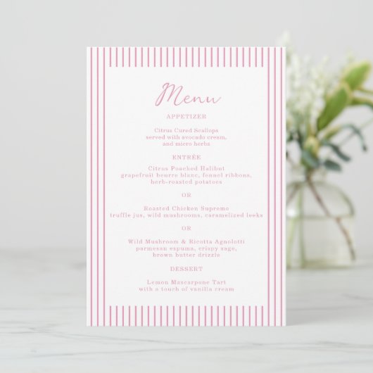 Preppy Peony Pink Chic Monogram Wedding Menu Card 招待状 (スタンド正面)