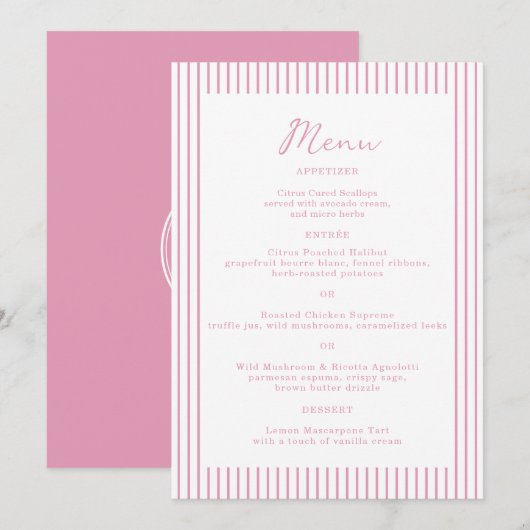 Preppy Peony Pink Chic Monogram Wedding Menu Card 招待状 (正面/裏面)