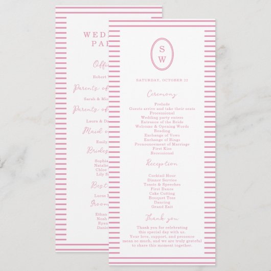 Preppy Peony Pink Chic Wedding Program Card 招待状 (正面/裏面)