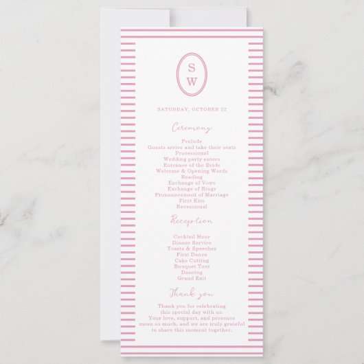 Preppy Peony Pink Chic Wedding Program Card 招待状 (正面)