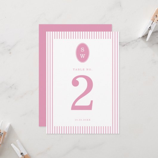 Preppy Peony Pink Chic Wedding Table Number Card 招待状 (正面/裏面インサイチュ)