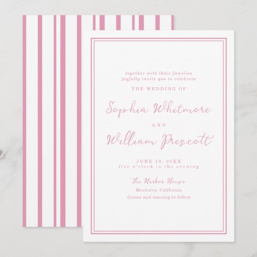 Preppy Peony Pink Striped Wedding Invitation 招待状 (正面/裏面)