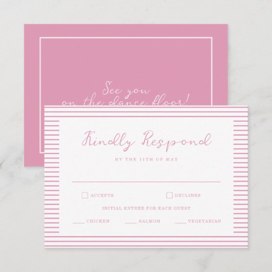Preppy Peony Pink Striped Wedding RSVP Card エンクロージャーカード (正面/裏面)