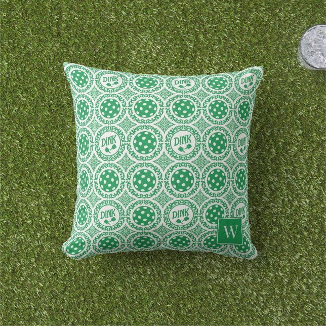 Preppy Pickleball Damask – Green Dink Motif   アウトドアクッション (芝生)