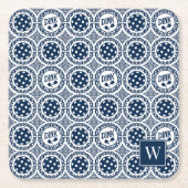 Preppy Pickleball Damask – Navy Dink Motif   スクエアペーパーコースター (正面)
