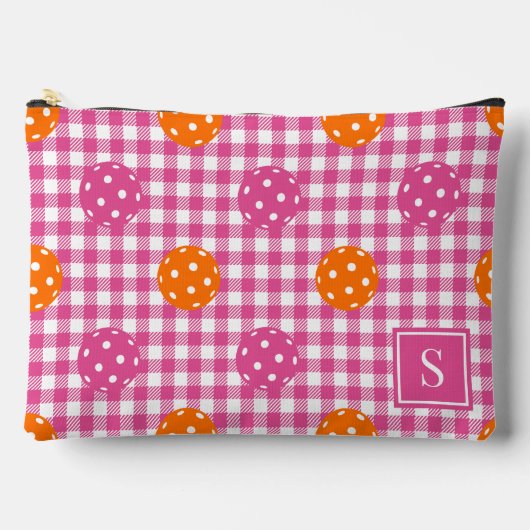 Preppy Pickleball Gingham Hot Pink Orange Monogram アクセサリーポーチ (正面)