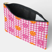 Preppy Pickleball Gingham Hot Pink Orange Monogram アクセサリーポーチ (見開き)