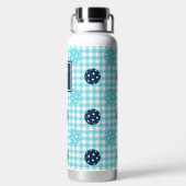 Preppy Pickleball Gingham - Navy & Turquoise ウォーターボトル (背面)