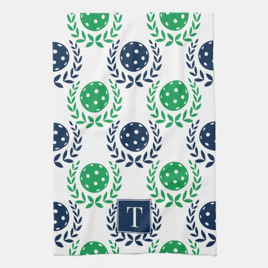 Preppy Pickleball Laurel Wreath - Navy & Green キッチンタオル (縦)