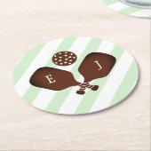 Preppy Pickleball Stripes Wedding ラウンドペーパーコースター (アングル)