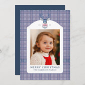 Preppy Pink and Blue Plaid Chinoiserie Christmas シーズンカード (正面/裏面)