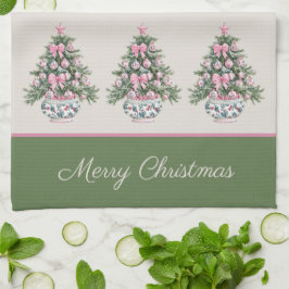 Preppy Pink and Green Chinoiserie Christmas Tree キッチンタオル
