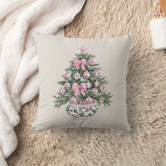 Preppy Pink and Green Chinoiserie Christmas Tree クッション (ブランケット)