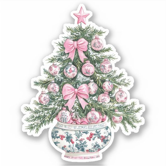 Preppy Pink and Green Chinoiserie Christmas Tree シール (正面)