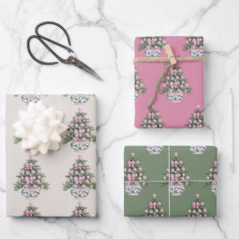 Preppy Pink and Green Chinoiserie Christmas Tree ラッピングペーパーシート