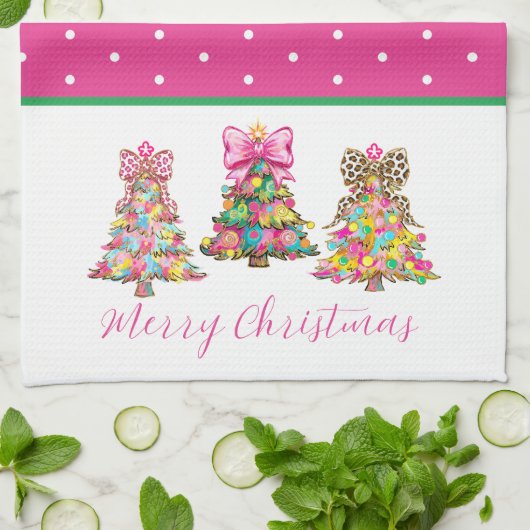 Preppy Pink and Green Christmas Trees キッチンタオル (折り畳み)