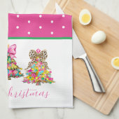 Preppy Pink and Green Christmas Trees キッチンタオル (四つ折り)