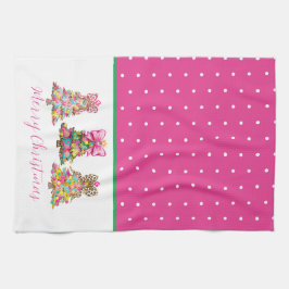 Preppy Pink and Green Christmas Trees キッチンタオル