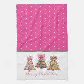 Preppy Pink and Green Christmas Trees キッチンタオル (縦)