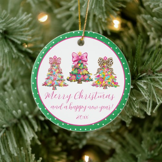 Preppy Pink and Green Christmas Trees セラミックオーナメント (ツリー)