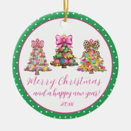 Preppy Pink and Green Christmas Trees セラミックオーナメント