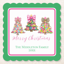 Preppy Pink and Green Christmas Trees ペーパーコースター