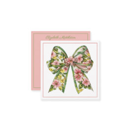 Preppy Pink and Green Floral Bow Personalized ノートカード