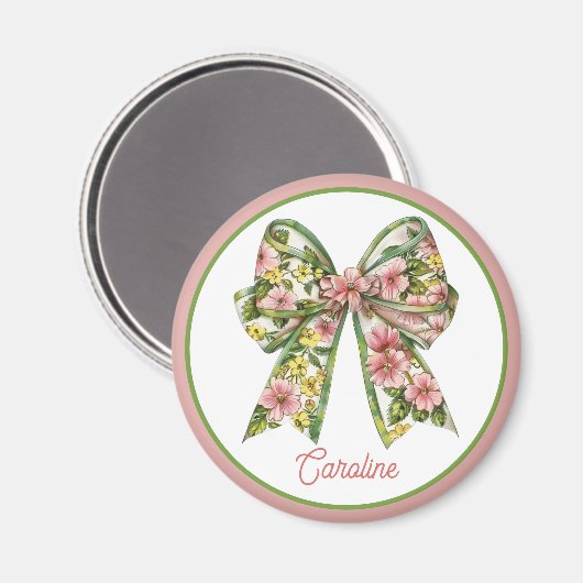 Preppy Pink and Green Floral Bow Personalized マグネット (正面/裏面)
