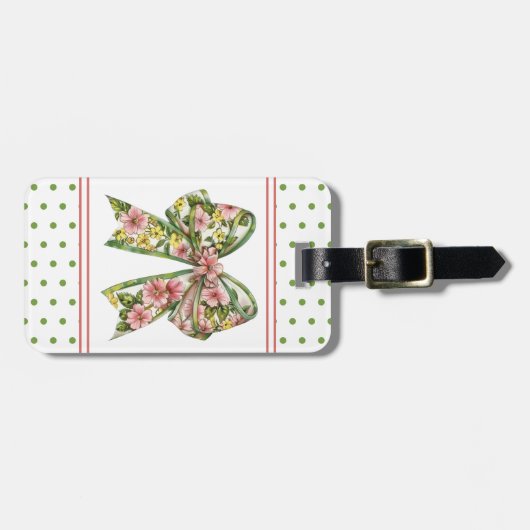 Preppy Pink and Green Floral Bow Personalized ラゲッジタグ (正面横)