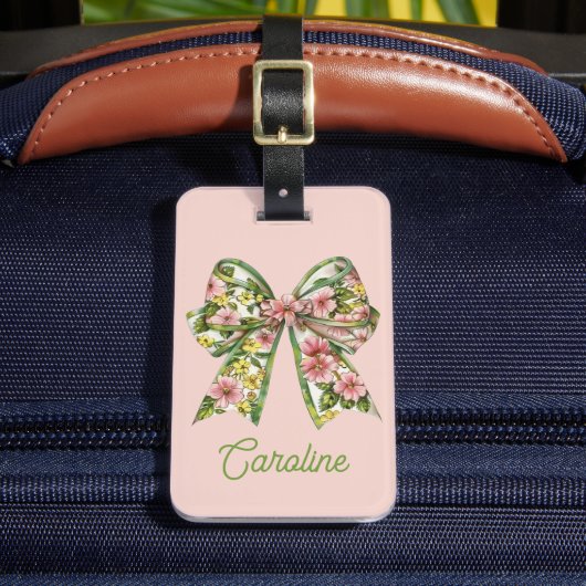 Preppy Pink and Green Floral Bow Personalized ラゲッジタグ (正面インサイチュ2)
