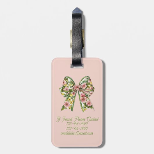 Preppy Pink and Green Floral Bow Personalized ラゲッジタグ (裏面縦)