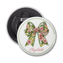 Preppy Pink and Green Floral Bow Personalized 栓抜き