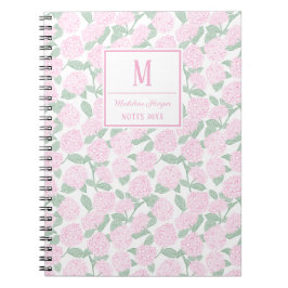 Preppy Pink and Green Hydrangeas Monogram ノートブック