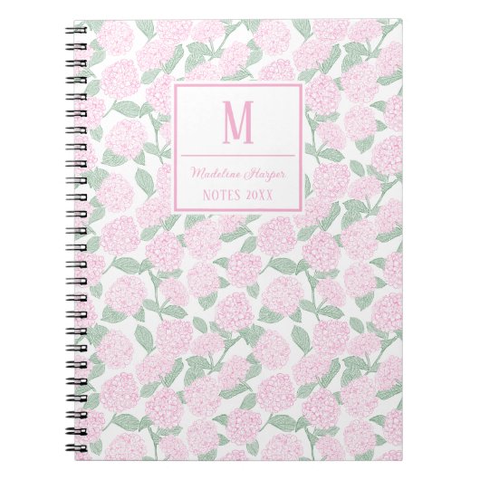 Preppy Pink and Green Hydrangeas Monogram ノートブック (正面)
