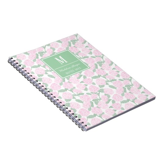 Preppy Pink and Green Hydrangeas Monogram ノートブック (右側)