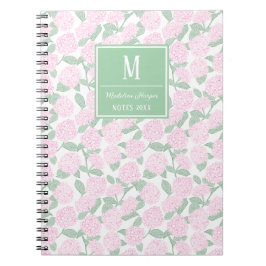 Preppy Pink and Green Hydrangeas Monogram ノートブック