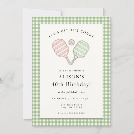 Preppy Pink and Green Pickleball Birthday party  招待状 (正面)