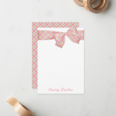 Preppy Pink and Green Plaid Bow Personalized ノートカード (正面/裏面インサイチュ)