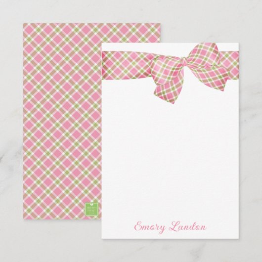 Preppy Pink and Green Plaid Bow Personalized ノートカード (正面/裏面)