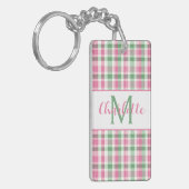 Preppy Pink and Green Plaid Monogram キーホルダー (正面左)